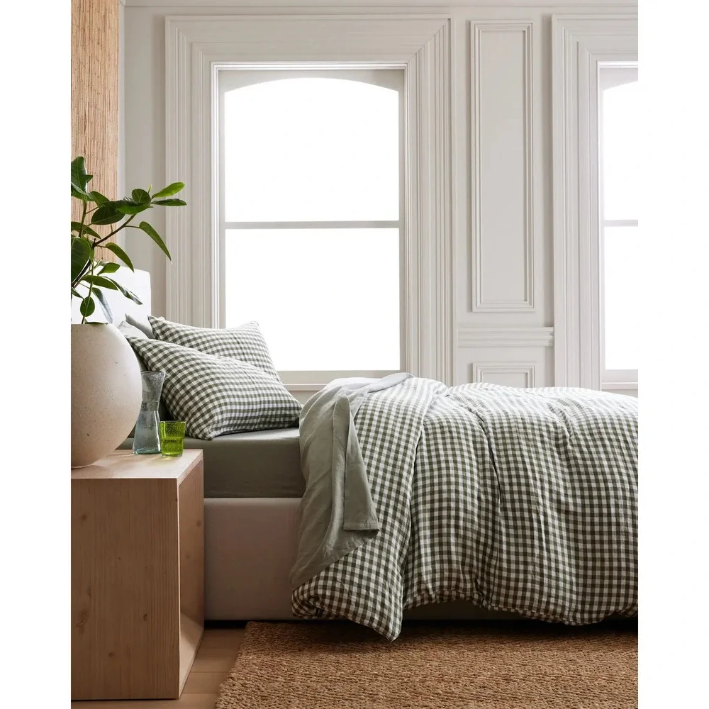 Quince Organic Cotton Gingham Duvet Cover Set Size Full Queen Olive Green NEW